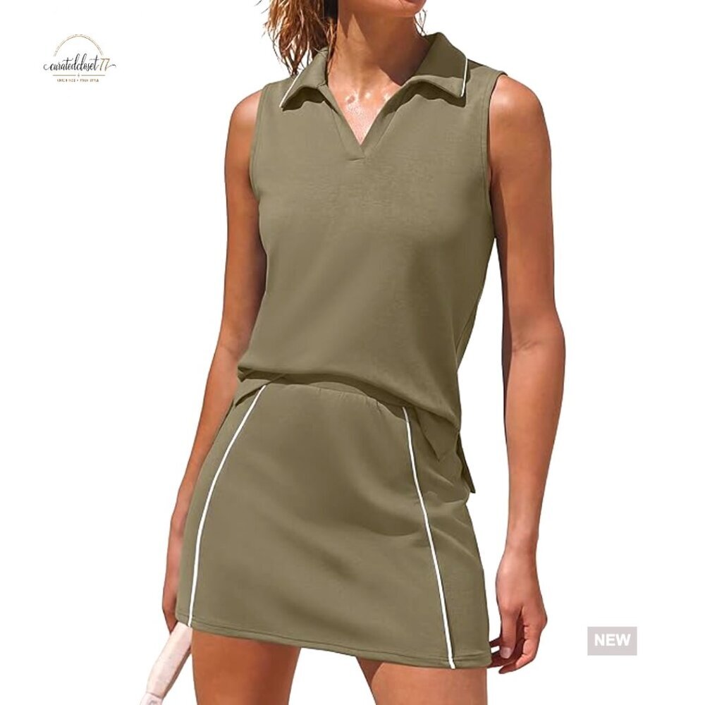 V-Neck Sleeveless Top Skort Set Regular Fit Polyester Viscose Elastane